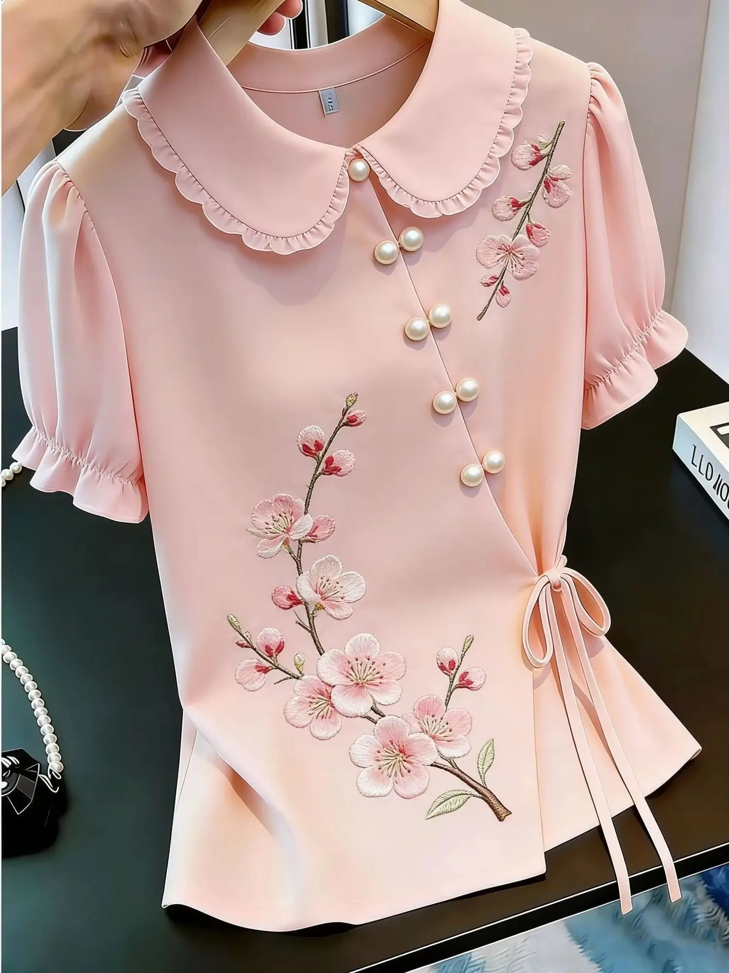Chinese Style Embroidered Tie-up Shirt 2026 Summer Women Short Sleeve T-shirt Female Elegant Pink Shirt Office Lady Base Shirt view 6
