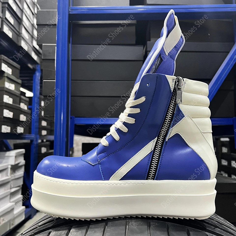 Zapatos de marca RO para hombre, zapatillas informales de cuero azul a la moda con doble fondo, zapatillas de deporte de suela gruesa con cremallera para mujer, zapatos con aumento de altura