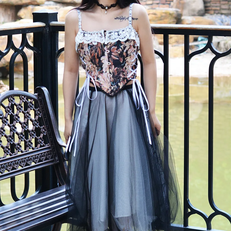 

Elegant Vintage Print Lace Corset Tops Sexy Women Evening Party Gothic Black Green Bustiers Fashion Streetwear Lolita Camisole