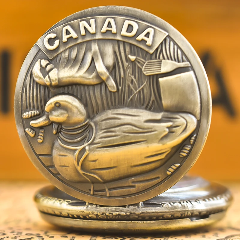 Vintage Bronze Clamshell Creative Fun Duck Embossed Male And Female Students Gift Quartz Necklace Pocket Watch