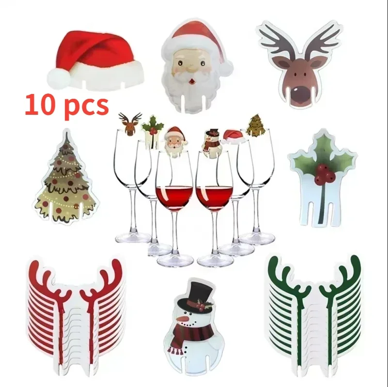 10pc/set Wine Cup Card Christmas Decor Santa Hat Glass Decor Xmas Tree Snowman Home Decoration Decor New Year Accessories