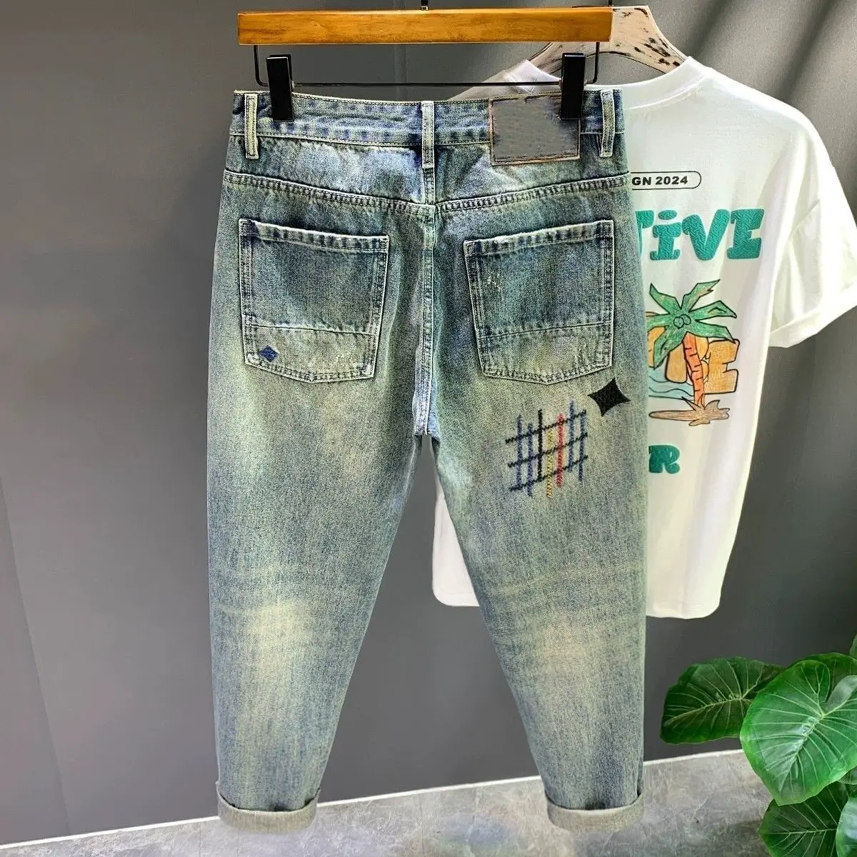 Jeans dicuci kasual pria, Jeans gaya Vintage Korea sulaman Musim Semi dan Gugur untuk lelaki