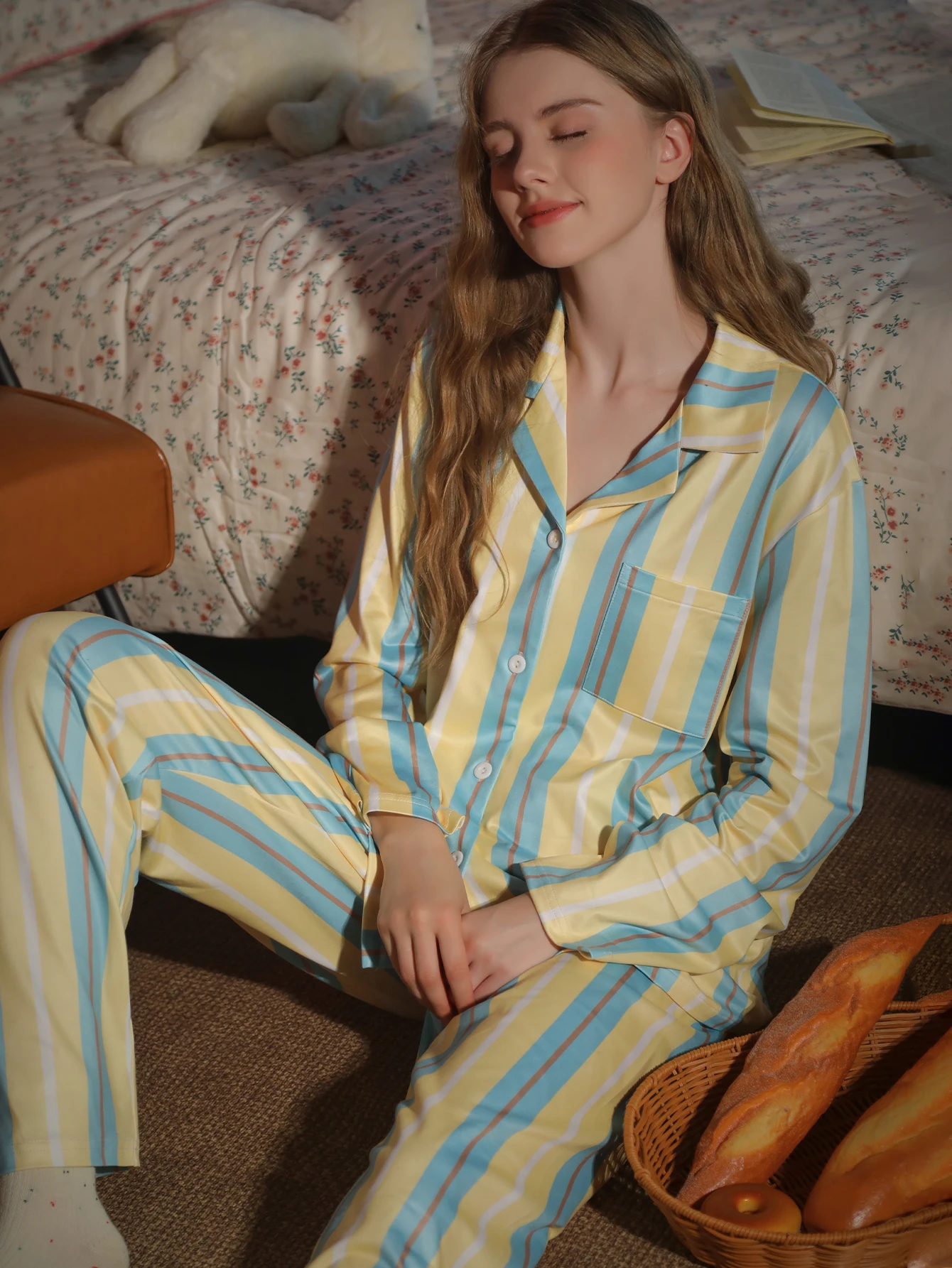 

2-piece women's sleepwear long sleeved pants home wear spring and autumn winter striped pattern cardigan set