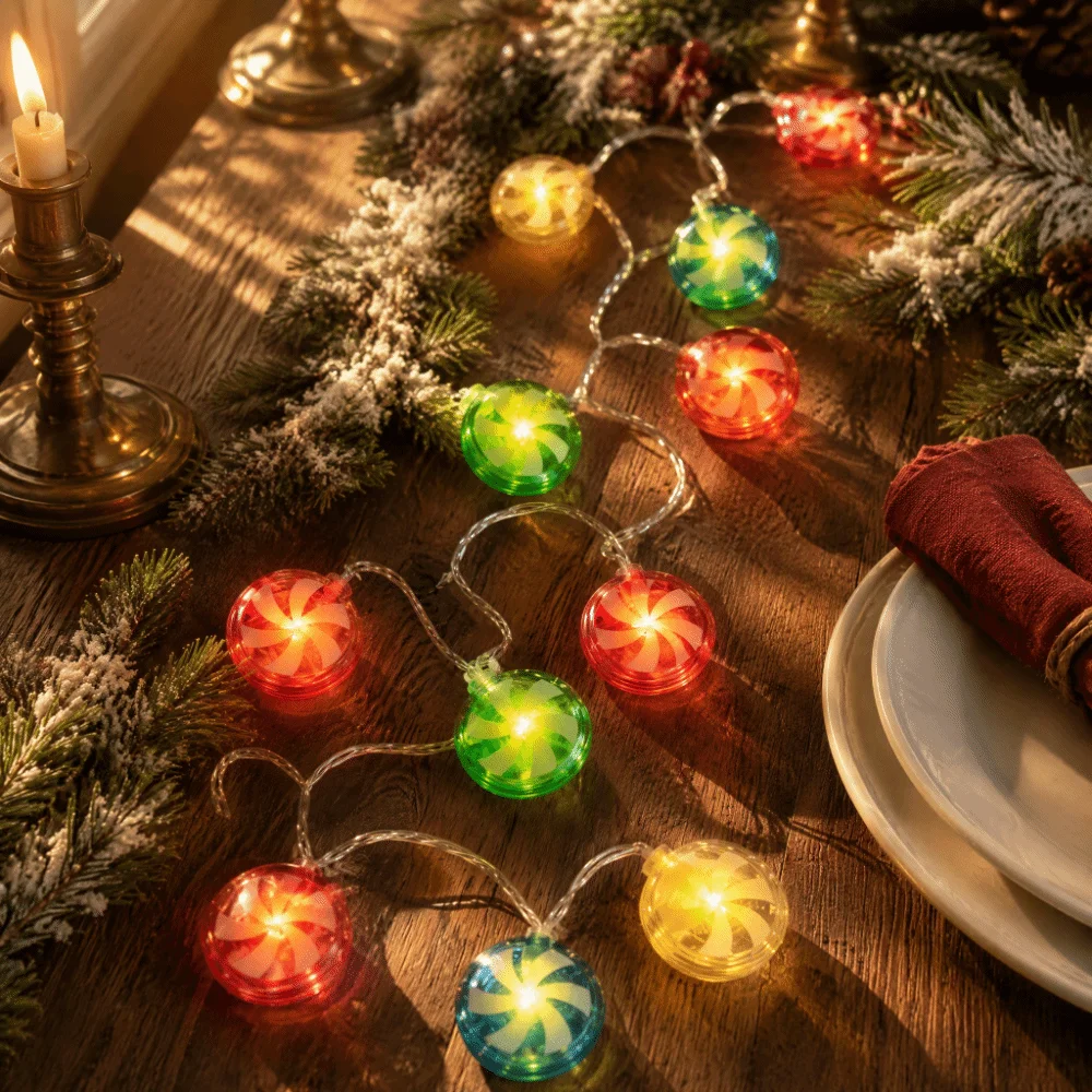 LED Christmas String Lights Christmas style Cute Christmas Tree Hangings Round Candy Shape Windmill Design