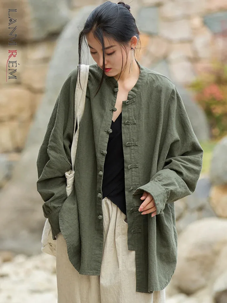 LANMREM Cotton Linen Coat For Women Stand Collar Long Sleeves Single Breasted Loose Tops 2024 Summer Autumn New 2Z2135