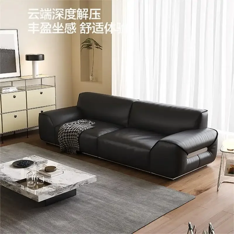 Italian minimalist sofa black straight leather sofa top layer cowhide living room designer sofa combination