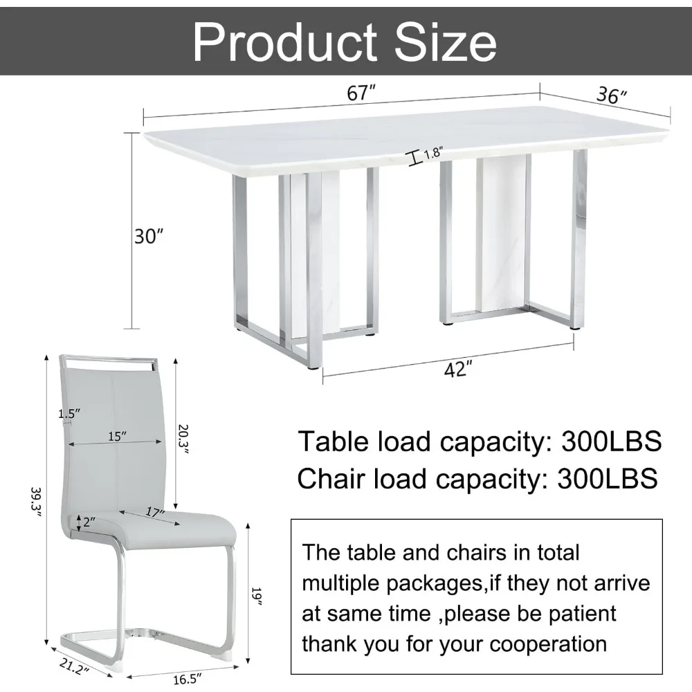 Ensemble de table à manger de luxe, table de cuisine, optique de 1.8 pouces, dessus en faux marbre, 6 chaises à pied en cuir, 67 en effet