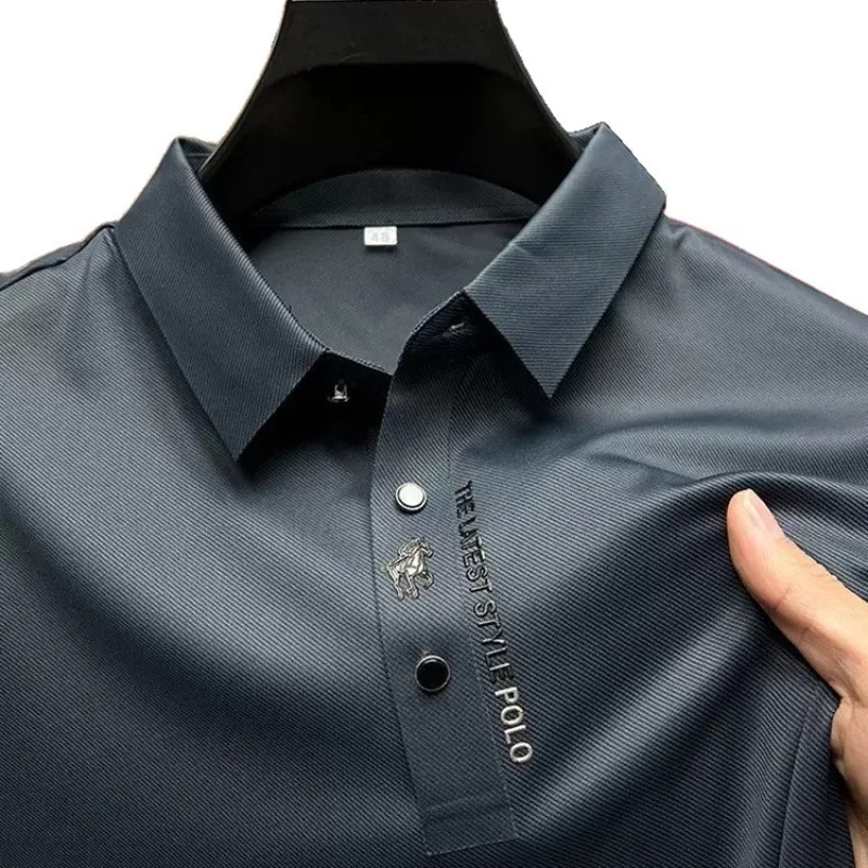 New European Silk High-end Summer Polo Shirt for Men's Business Casual Seamless Ice Silk Short Sleeved T-shirt