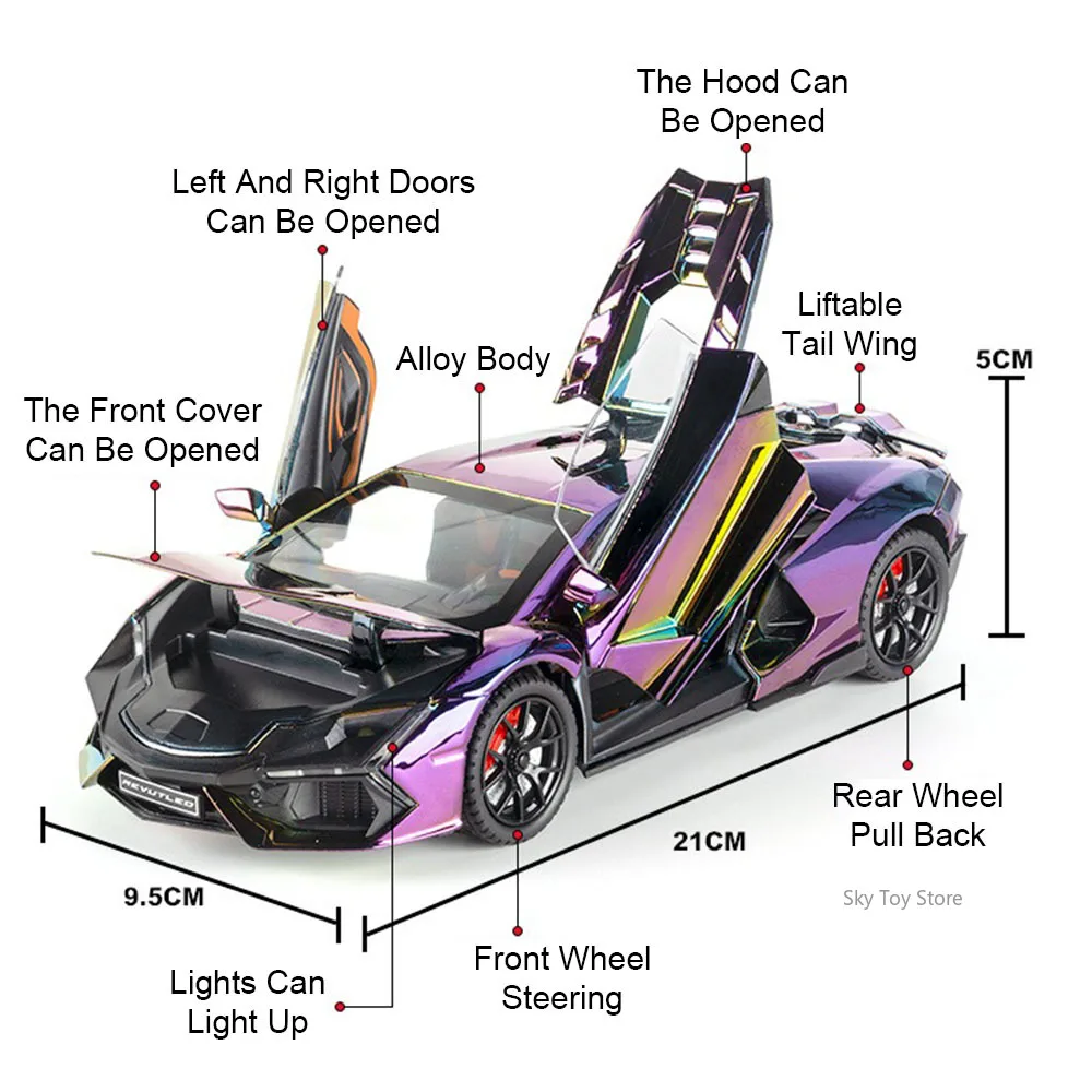 1:24 GTR 람보르기니 레비울토 합금 미니어처 스포츠카 장난감 다이캐스트 모델 도어 개폐 사운드 라이트 후진 기능 포함 남자아이 생일 선물