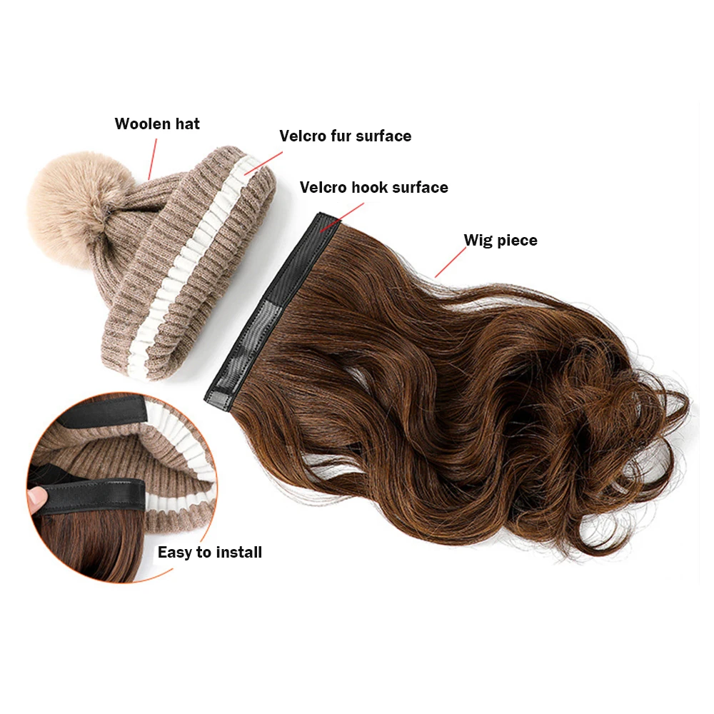 Synthetic Fashion Female Hat Wig Long Curly Hair Detachable In Autumn Winter Waving Wig With Hats For Birthday Gift