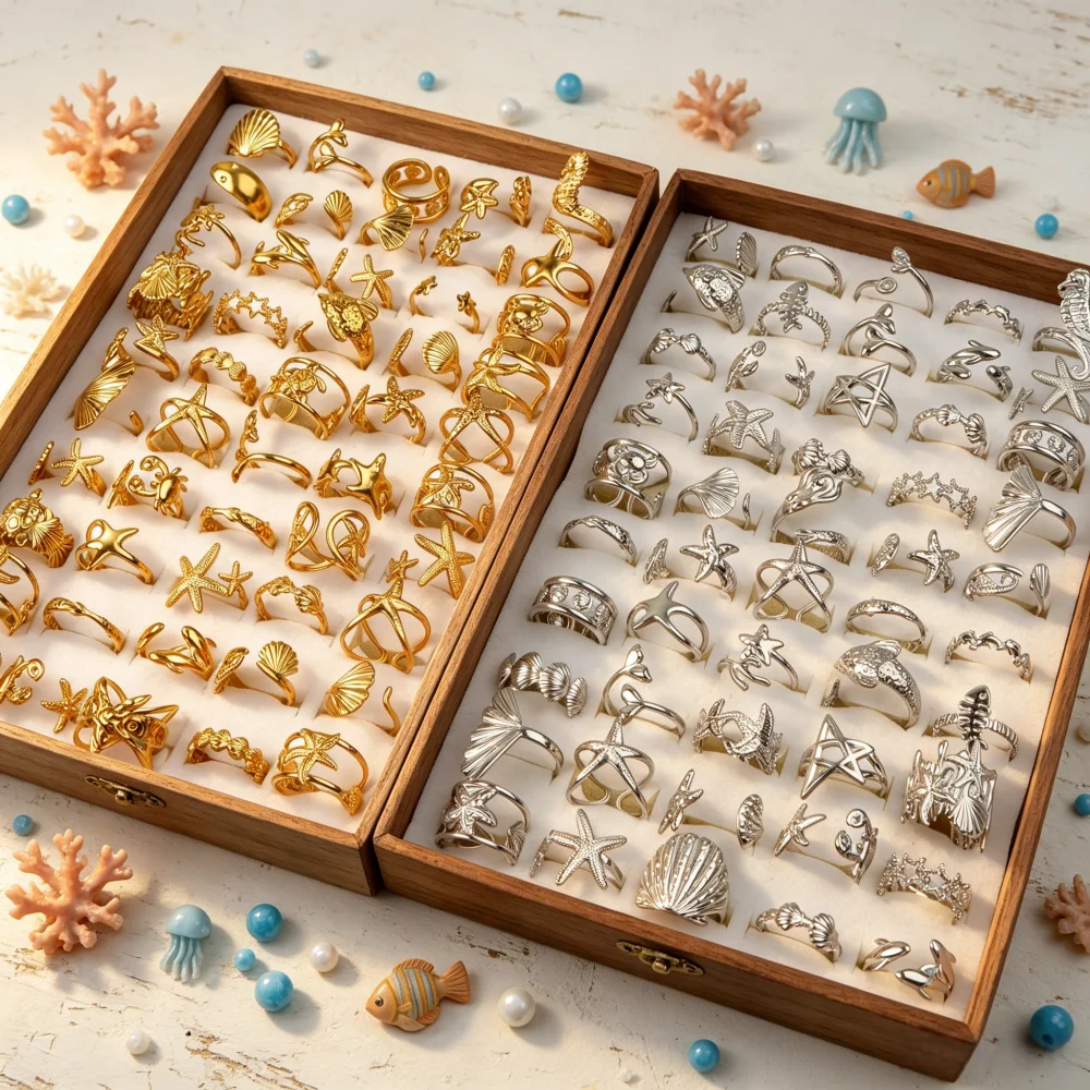 10/15/20/35Pcs/lot Fashion Charm Stainless Steel Rings For Men Women Crab Starfish Shell Mix style Jewelry Beach Party Gifts