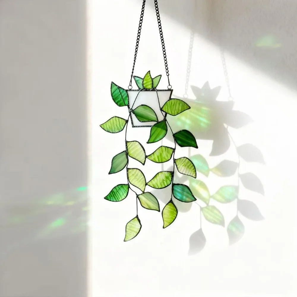 

Plant Stained Glass Hanging Decor, Green Artificial Plants Suncatchers for Plant Lovers, Transparent Flower Basket Gift