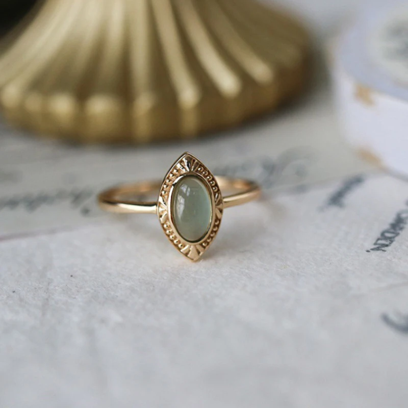 Foxanry Gold Color Ellipse Green Zircon Rings For Women Girls Vintage Exquisite Trendy Elegant Simple Anniversary Jewelry Gifts