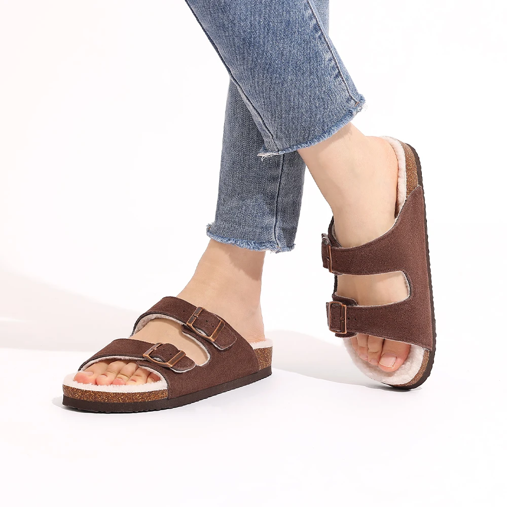 Evshine المرأة قباقيب غامض النعال داخلي المفتوحة تو الفراء الشرائح مع مشبك مزدوج الجلد المدبوغ الفلين أحذية سيدة الراحة شبشب منزل #3