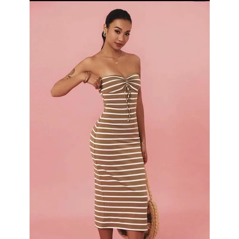 2025 Abito bohemien attillato a righe da donna elegante Abito lungo aderente da vacanza sexy Y2K chic con spalle scoperte senza maniche