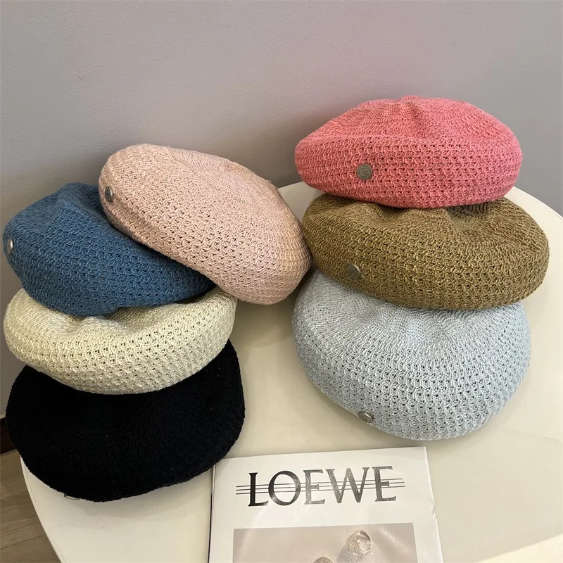 Japanese Fashion Knitted Breathable Berets for Women Spring and Summer Street Snap Concave Shape Literary and Retro Painter Hat