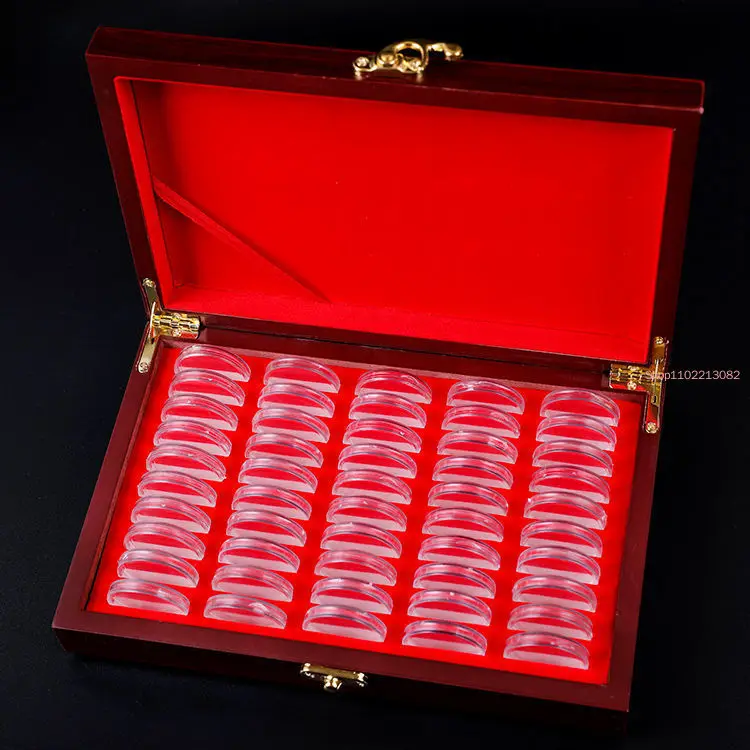 50 Pcs Wood Coin Display Box Storage Holder Round Commemorative Collection