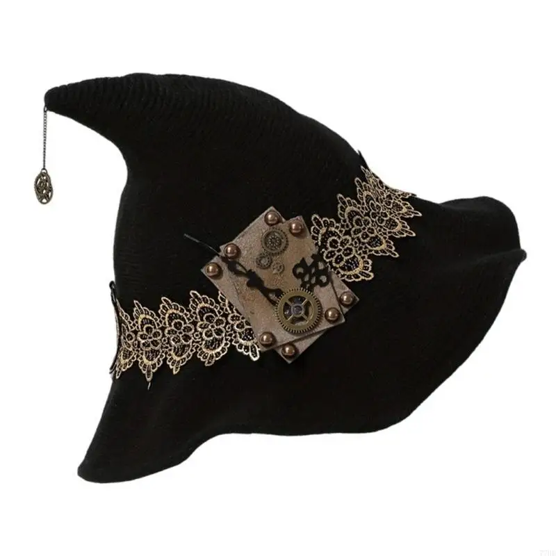 77HE Dark Gear Witch Hat for Kids Adults Halloween Party Cosplay Costume Props