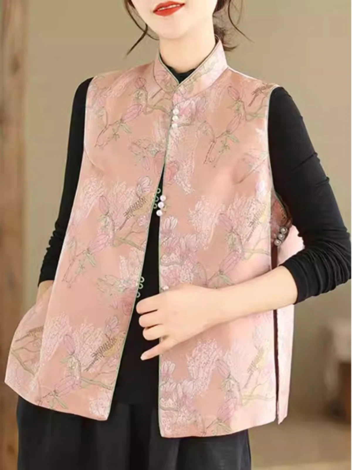 

Новый китайский женский жилет на бретельках Jaet, весна-лето, модный топ с цветочным узором и воротником-стойкой на одной пуговице