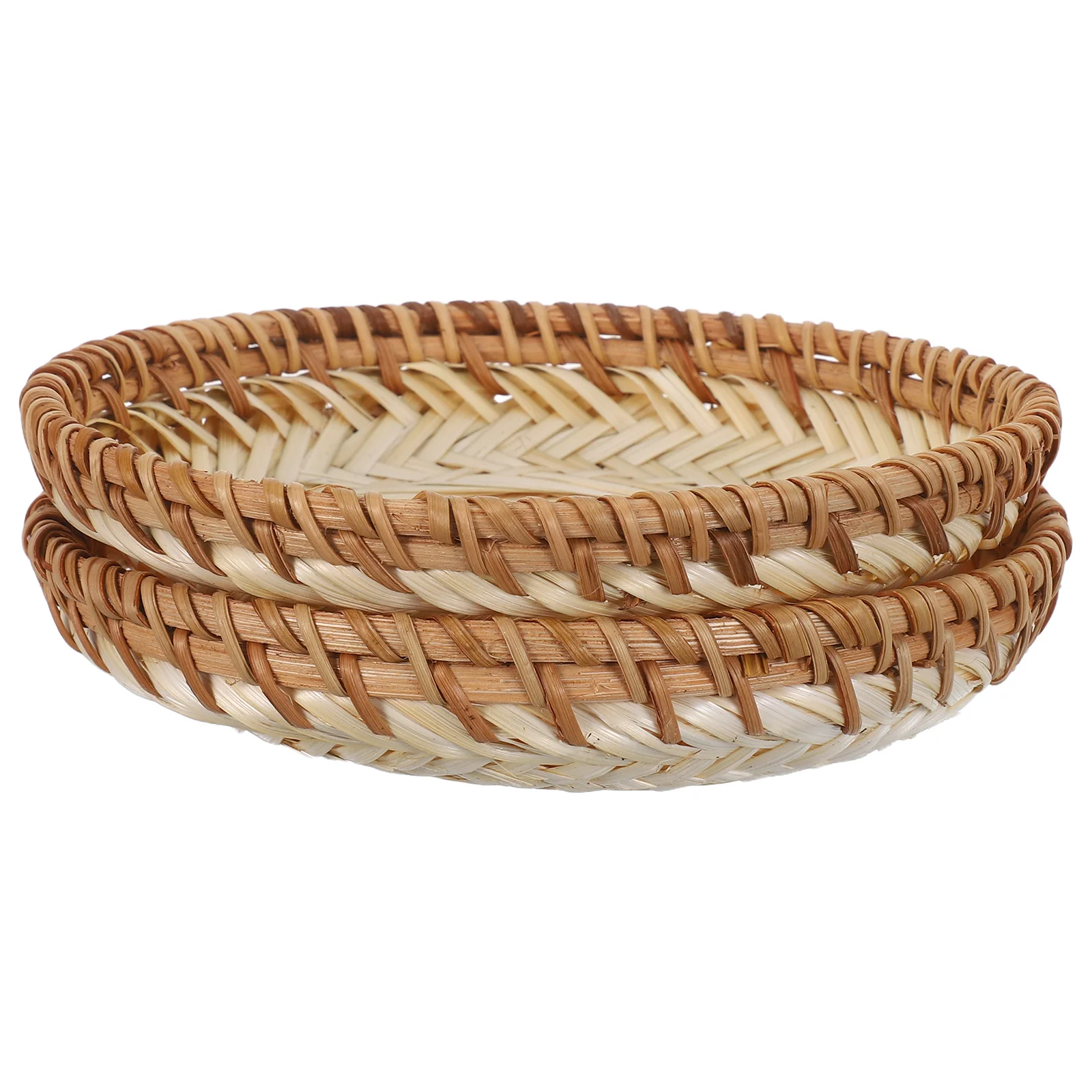 

2pcs Round Rattan Tray Handwoven Snack Basket Woven Serving Platter For Kitchen Coffee Table Fruit Plate Storage Organizer Tea