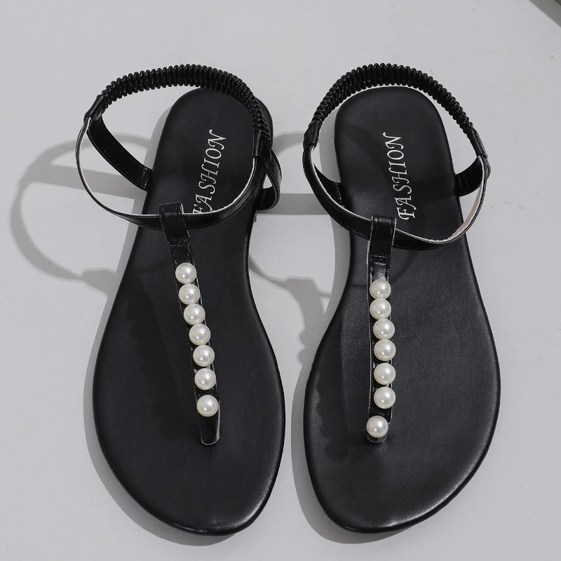 Women\'s Sandals Summer New Flat Round Head with Toe Pearl Elastic Sandals Casual Lightweight Comfortable Non-slip Sandals