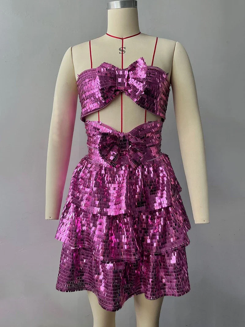 Women Adult Performance Dance Party Dress Sleevelss Hollowed Out Pleated Dress with Pink Bow Square Sequin Strapless Skirt