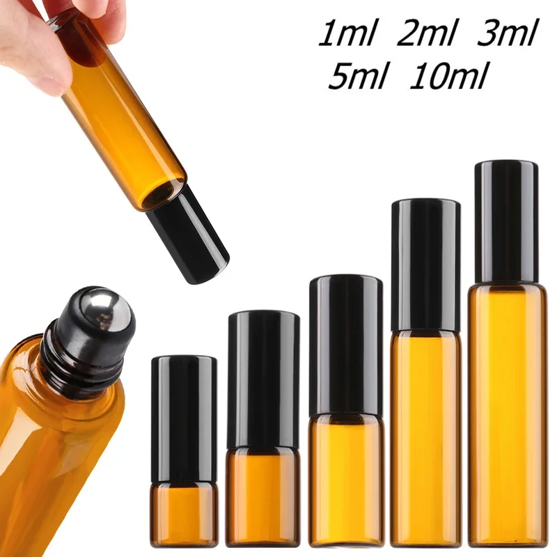 100Pcs 1/2/3/5/10ml Empty  Amber Glass Roller Bottles Travel  Vials Container Roll-on Bottle For Essential oil  Aromatherapy