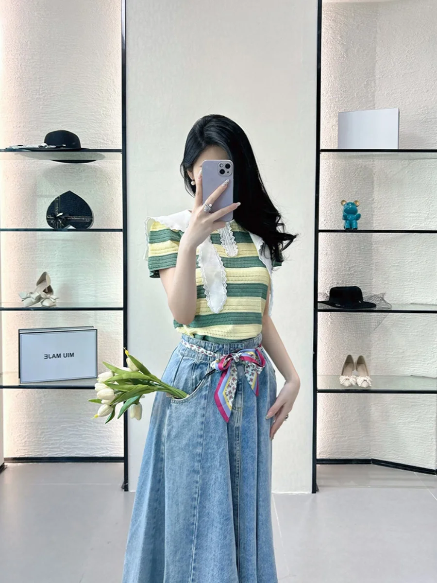 

Летний новый модный вязаный топ, женский темно-синий воротник, галстук-бабочка ort Sve, утягивающий полосатый свободный вырез для поездок на работу, стандартный крой