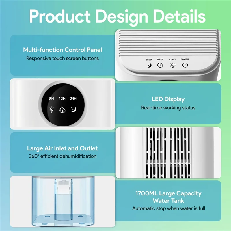 ASWUT-Quiet 1700ML Air Dehumidifier Home With 7 Color LED Timer& Auto-Shut-Off Function For Bedroom/Bathroom-Eu Plug