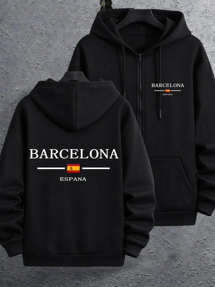 Casaco de inverno com capuz e fecho, forrado com tecido polar, jaqueta térmica, estampa com letras de Barcelona, Espanha, camisola casual de manga com