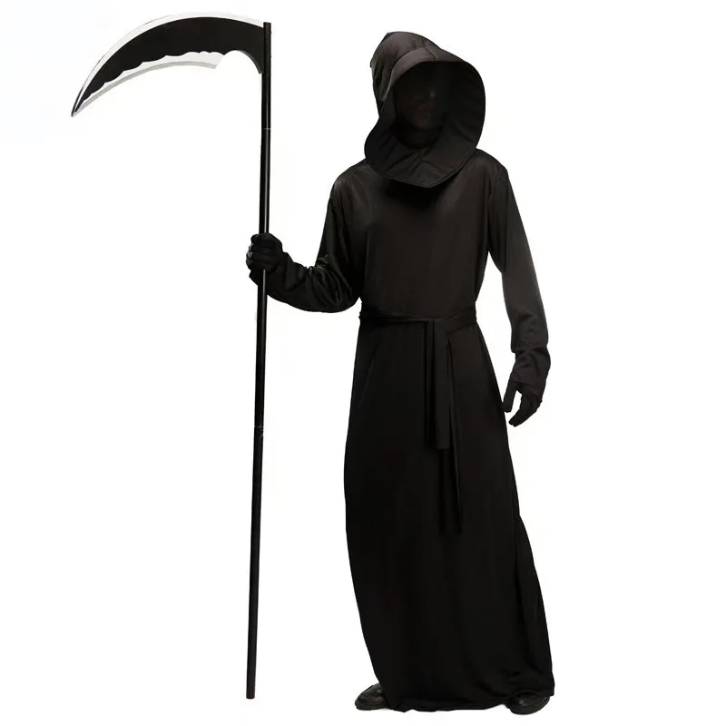 Grim Reaper Cosplay-Kostüm, Unisex, Karneval, schwarze Teufelskleidung, Purim-Party, Geister-Halloween-Robe mit Kapuze, Gürtel, Handschuhen, Outfit – Detail 3