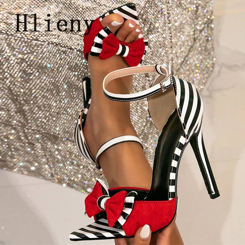 

Hlieny New Fashion Open Toe Buckle Strap Women Sandals Street Style Elegant Bowknot Thin High Heels Party Prom Stripper Shoes