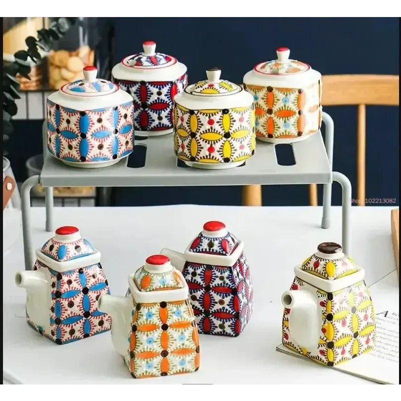 Creative Hand-painted Ceramic Seasoning Cans for Home Kitchen Seasoning Organizers Salt and Sugar Pepper Storage Spice Cans