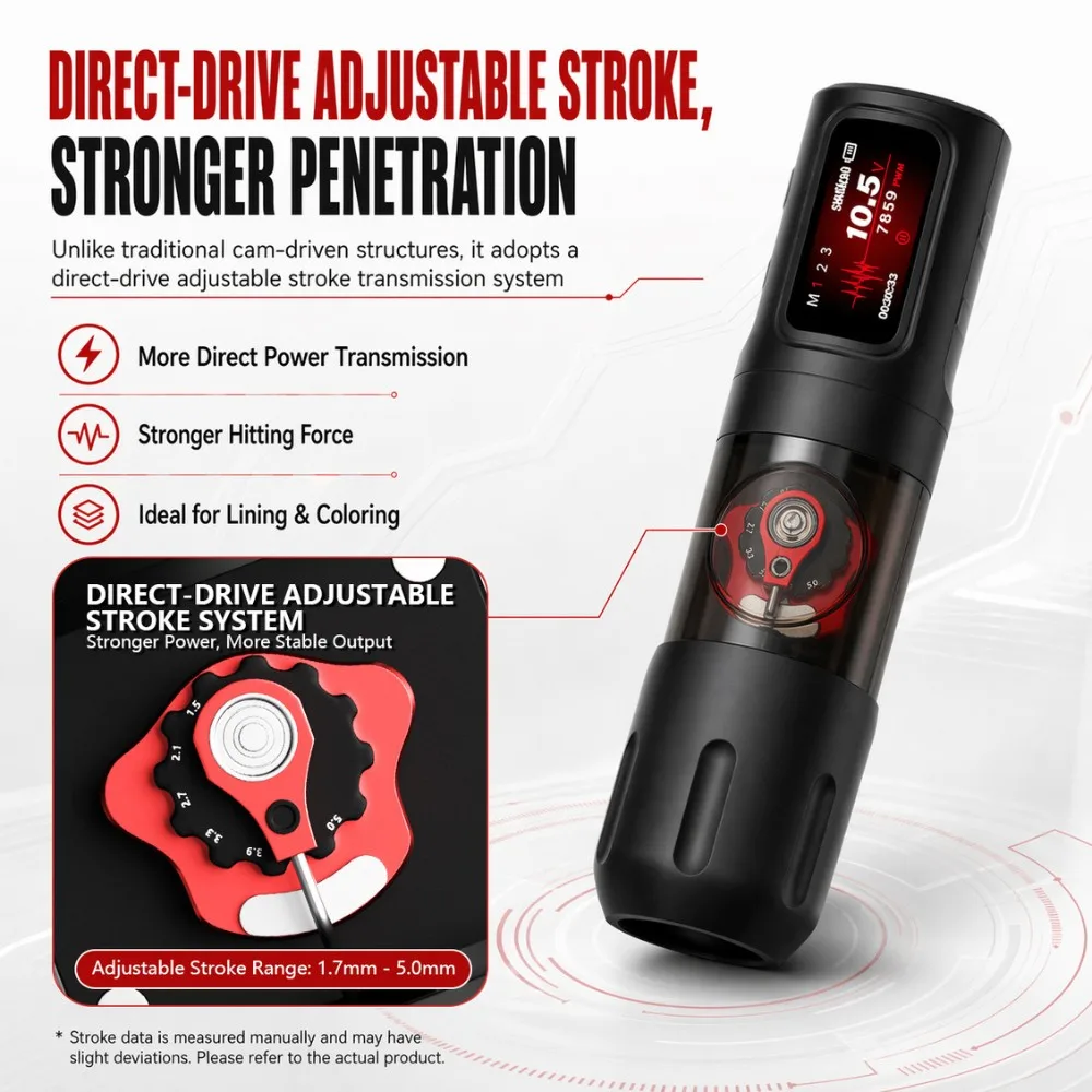 Soullead VIGOR 09 Wireless Direct Drive Adjustable Stroke Tattoo Machine High Torque 2 Grips Disposable Needles Lithium Battery