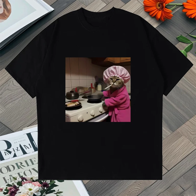 

Summer Funny Housewife Cat Meme Graphic Tee shirt 100% Cotton Men Women Vintage Short-sleeved Fashion Harajuku Casual Unisex Top