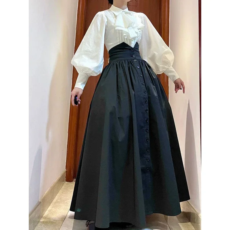 Large size retro lantern sleeve shirt women's spring and autumn high-end black skirt