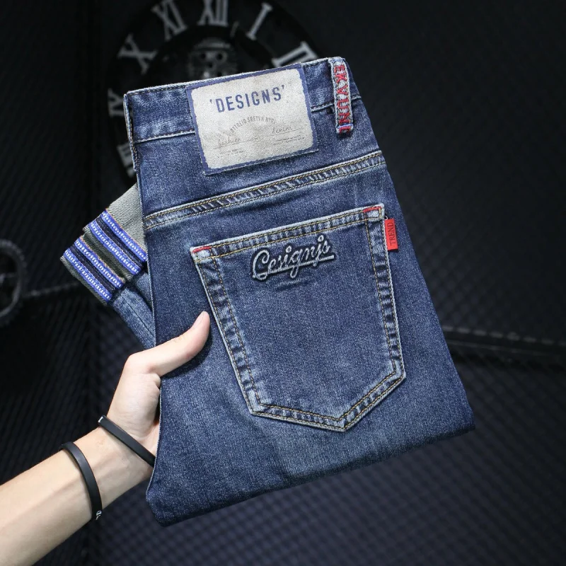 2024 New Retro Trendy Blue Jeans Men's High-End Washed Letter Printing Slim-Fitting Small Straight Long Pants