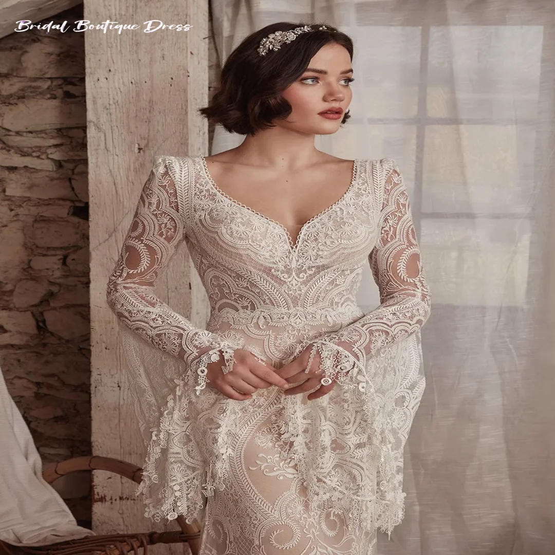 Customized Exquisite Flare Sleeve Wedding Party Dress for Women Sheath Illusion  Lace Bridal  Floor Backless Dresses Beach Train