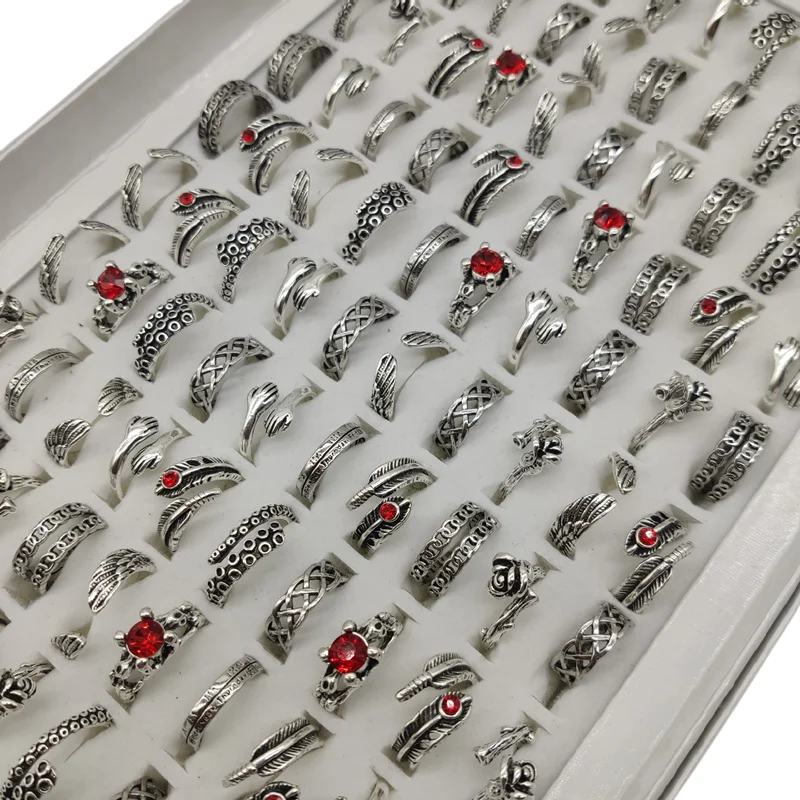 10pcs/Lot Antique Cool New Open Adjust Style Finger Rings For Women Punk Leaf Flower Wings Chain Joint Ring Male Rock Girl Party