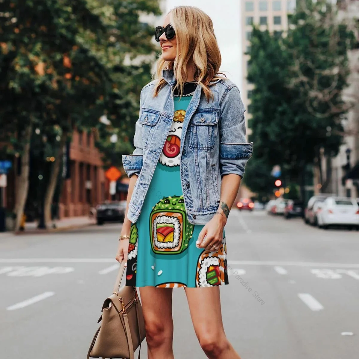 女性カジュアル膝女性のドレス漫画ロール寿司食品 O ネックノースリーブ上ドレス