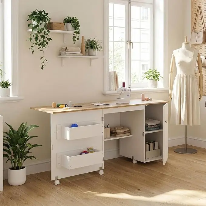 Sewing Table with Storage Shelves, Large Folding Sewing Machine Table, Rolling Side Desk with Lockable Wheels for Home