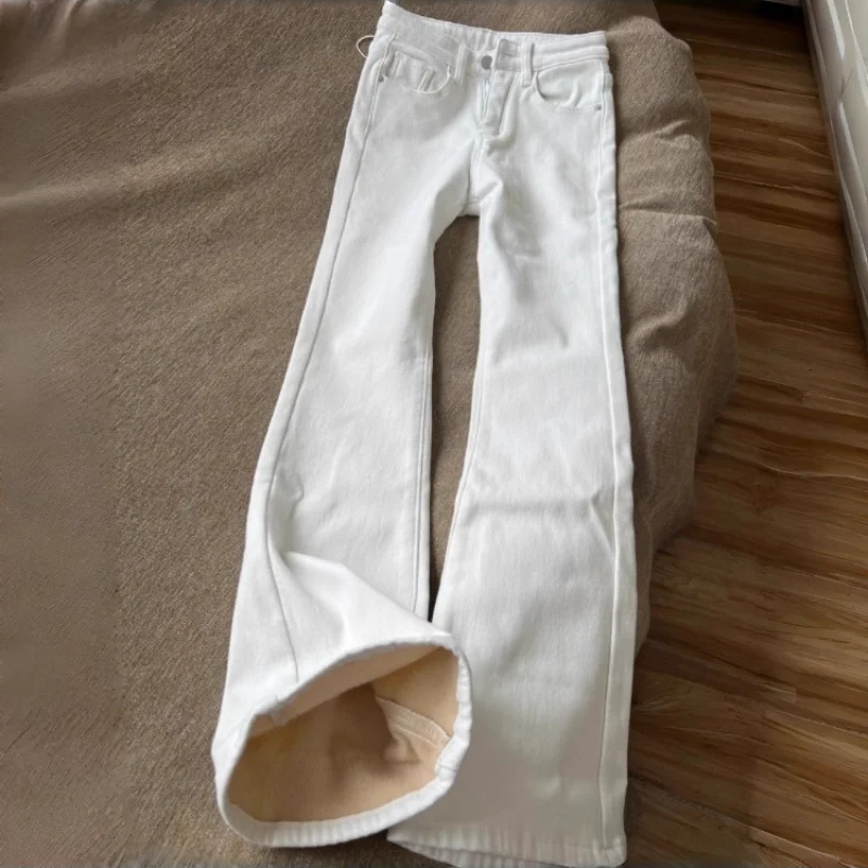 Womens White Micro Flare Jeans Autumn Winter New Style Fleece Lined High Waist Slim Fit Wide Leg Stylish Long Pants WJ659