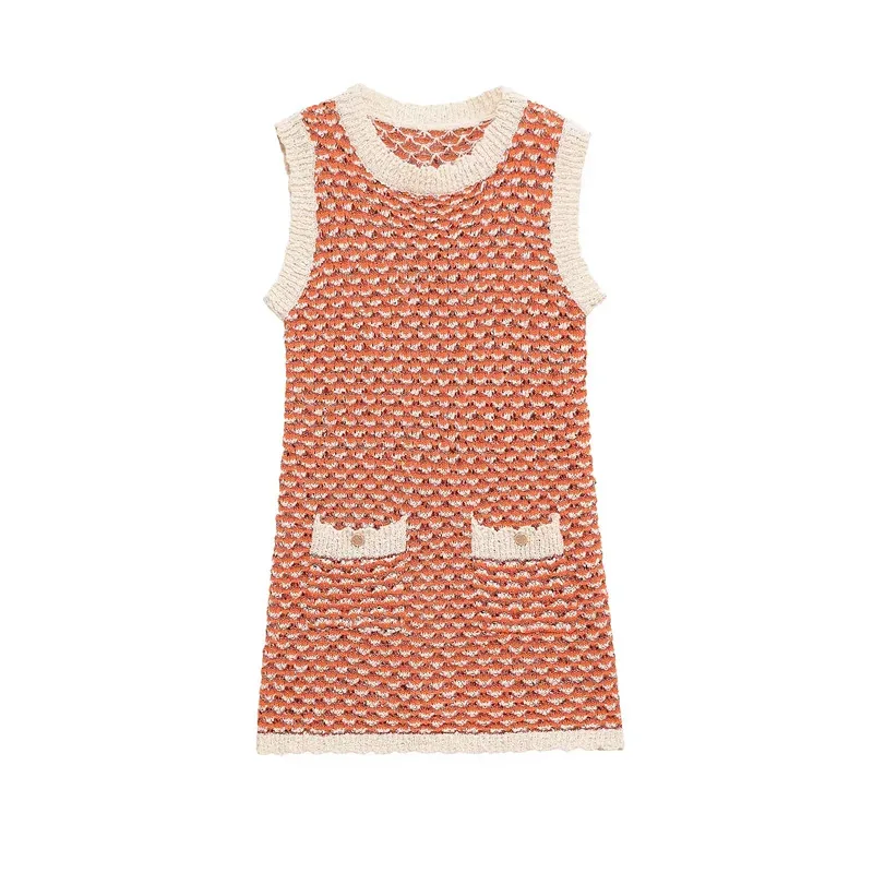 

Orange Knitted Mini Dress Sleeveless round Neck Fashion Beach Women's Short Dress Elegant Lady Party Wear 2025 New Style
