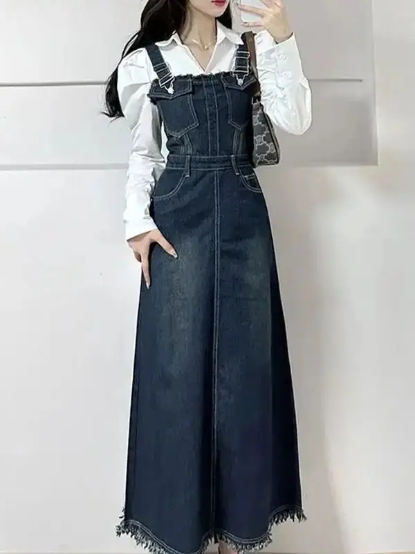 

Strap Denim Dress Tassel Women'S Spring Summer Korean New Large Size A- Line Jean Dress Lady Y2K Long Streetwear Slim Sundress