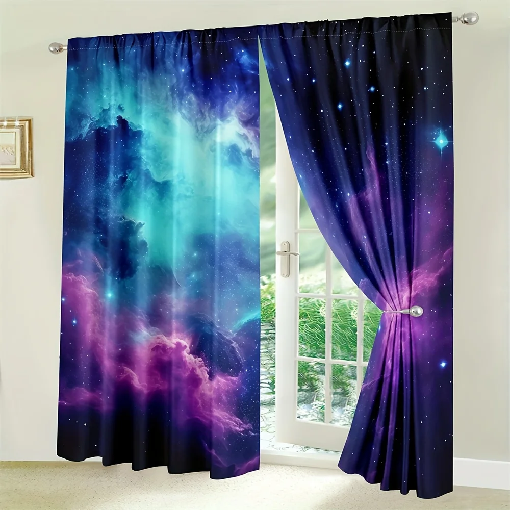 2pcs Blue Purple Galaxy Curtains Universe Fantasy Starry Sky Star Nebula Rod Pocket Outer Space Bedroom Decor.