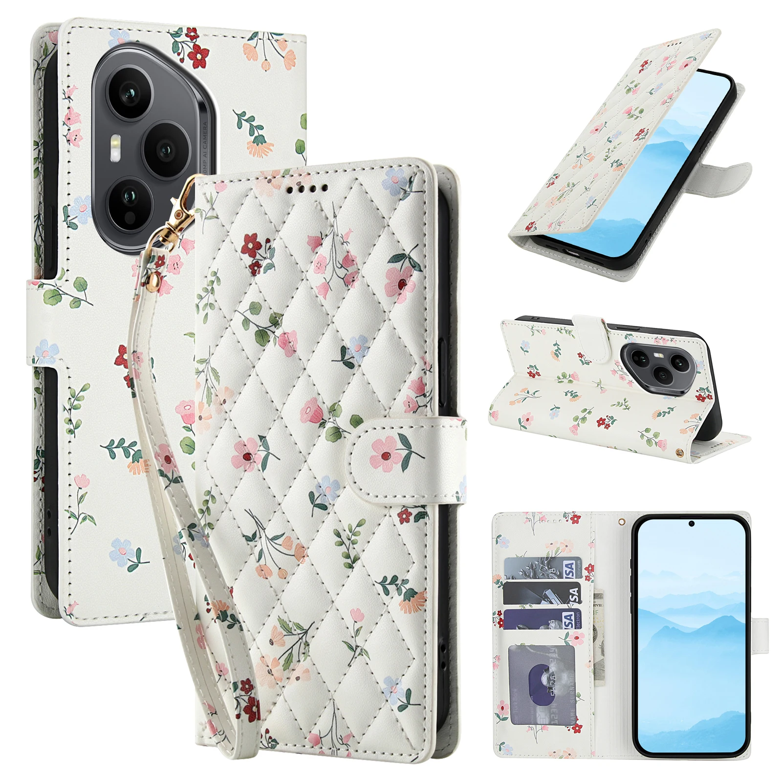 Shockproof Floral Leather Flip Card Holder Slot Wallet Case for Honor 400 Pro Honor400 Lite, Kickstand Phone Covers with Lanyard
