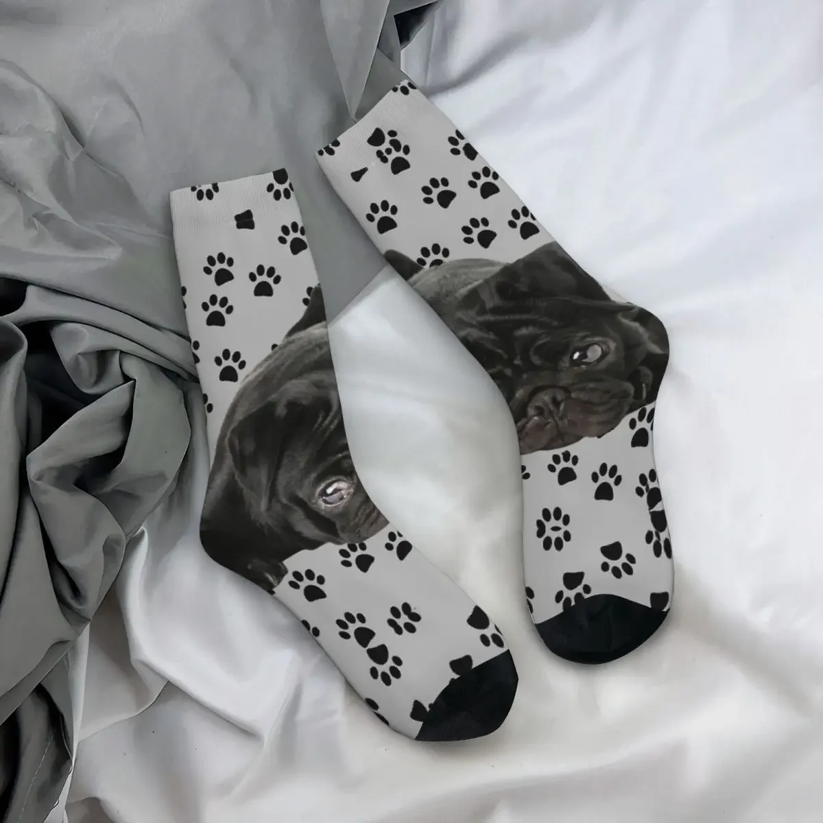 Adorables calcetines negros de Pug, medias súper suaves Harajuku, calcetines largos para todas las estaciones, accesorios para regalo de cumpleaños para hombre y mujer