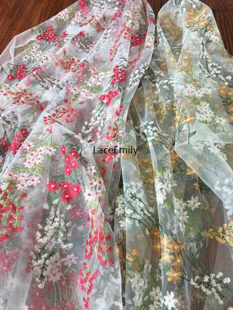 

Мягкая тюлевая ткань с красной цветочной вышивкой, зеленая кружевная ткань с цветочным принтом для свадебного платья, фата, кружево 51 дюйм, ширина 1 двор