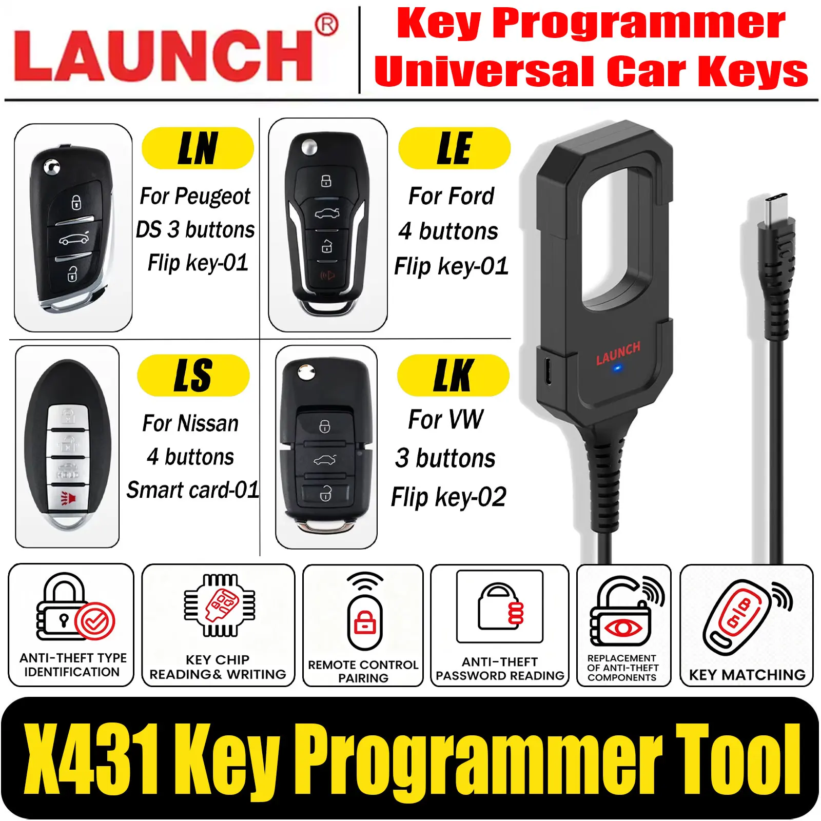 Launch X431 Key Programmer Tool For Ford/VW/Nissan Key Matching ANTI-THEFT Support X431 IMMO ELITE/IMMO PLUS/PAD V/PAD VI Scan