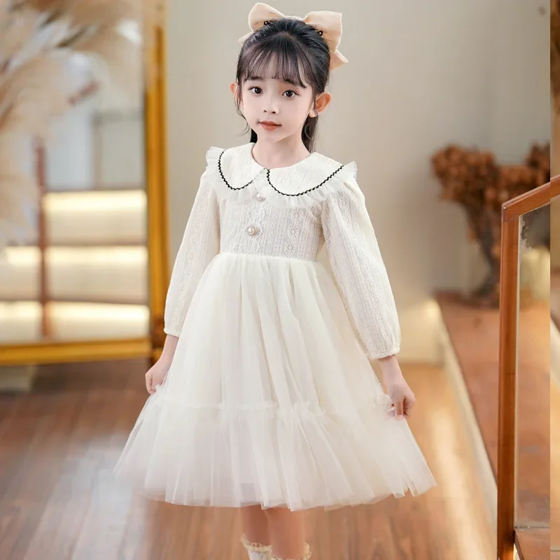 Girls Chinese style cotton dress spring autumn child doll neck cake Princess suit cute baby lace mesh clothing free shipping